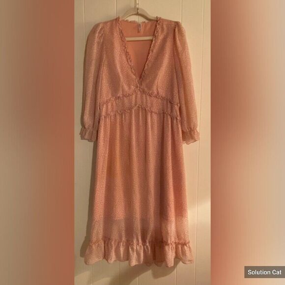 Addheat Dress Women’s Medium Pink Maxi Ruffled Cottagecore Peasant *Read* - Picture 1 of 7